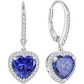 FJ Heart Dangle Drop Earrings 925 Sterling Silver Halo Leverback Earrings Birthstone Jewelry for Women