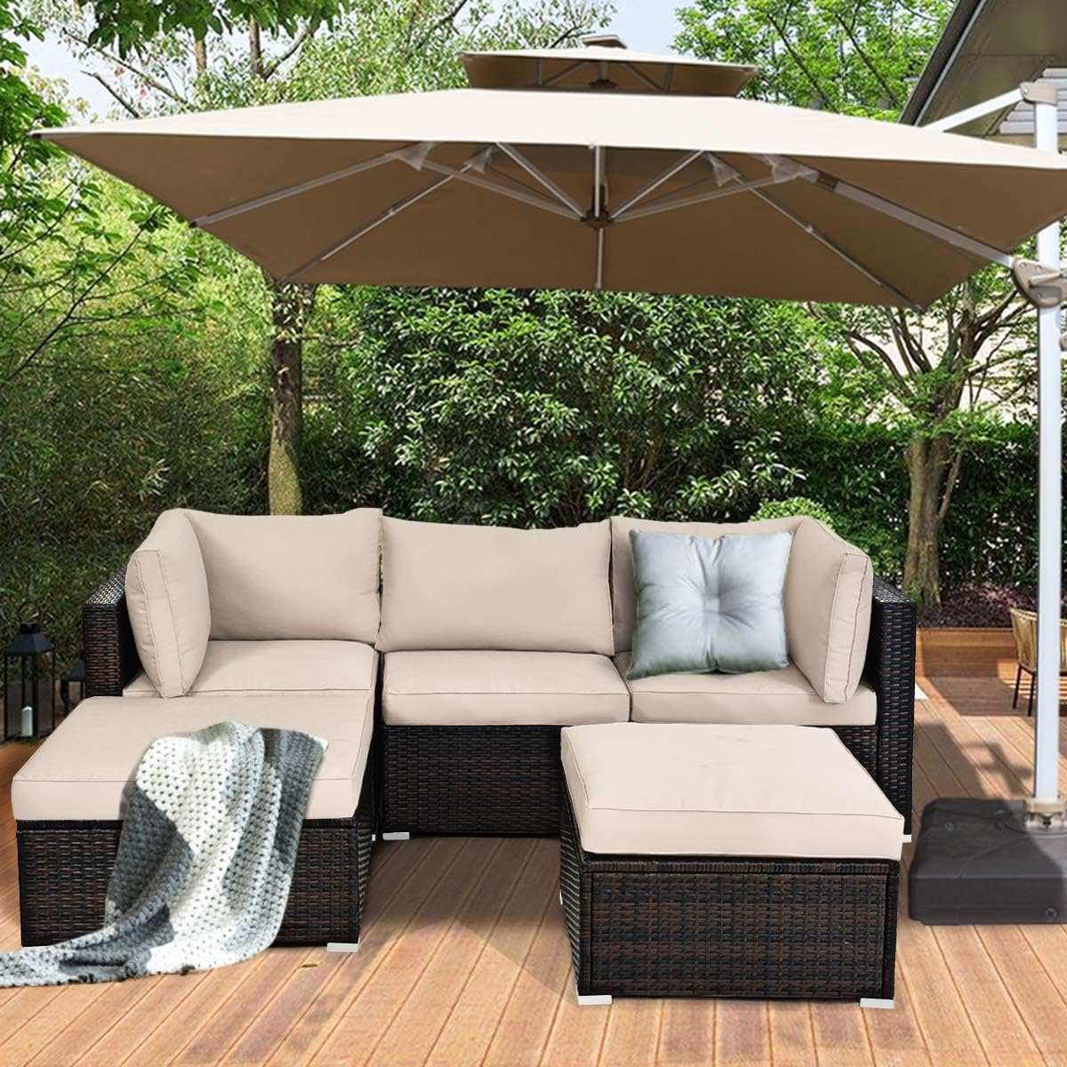 Tangkula 5 PCS Patio Rattan Furniture Set, Outdoor Sectional Rattan Sofa Set with Soft Cushions, Wicker Conversation Set with Sofa Ottoman for Backyard Porch Garden Poolside Balcony (Brown): Garden & Outdoor