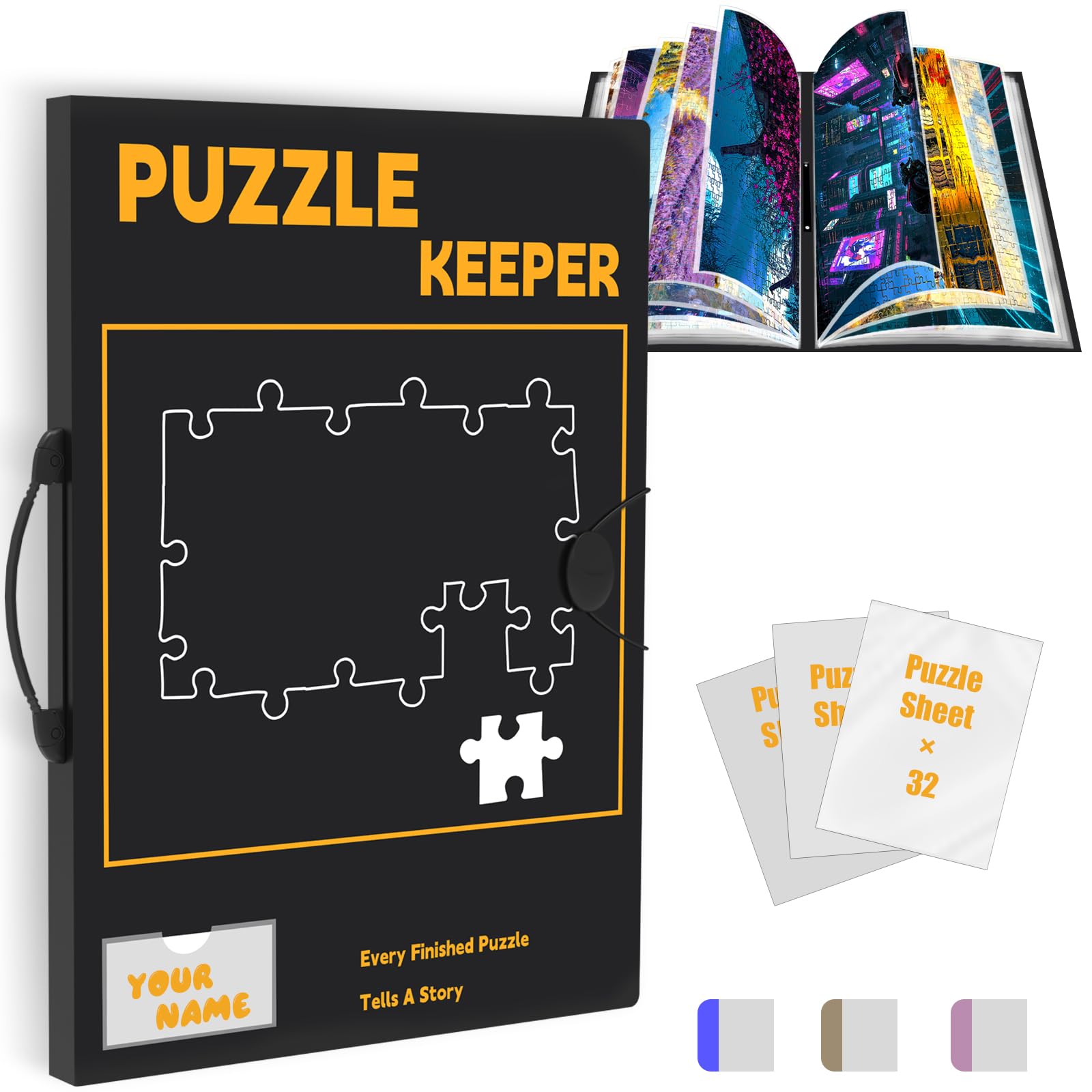 Photo 1 of Puzzle Storage Folder with Labeling Tabs & Name Card Pocket, Portable Puzzle Holder for 1000 Piece Jigsaws with Handle, 28.3 * 21in(Inner Page),Black Storage Book