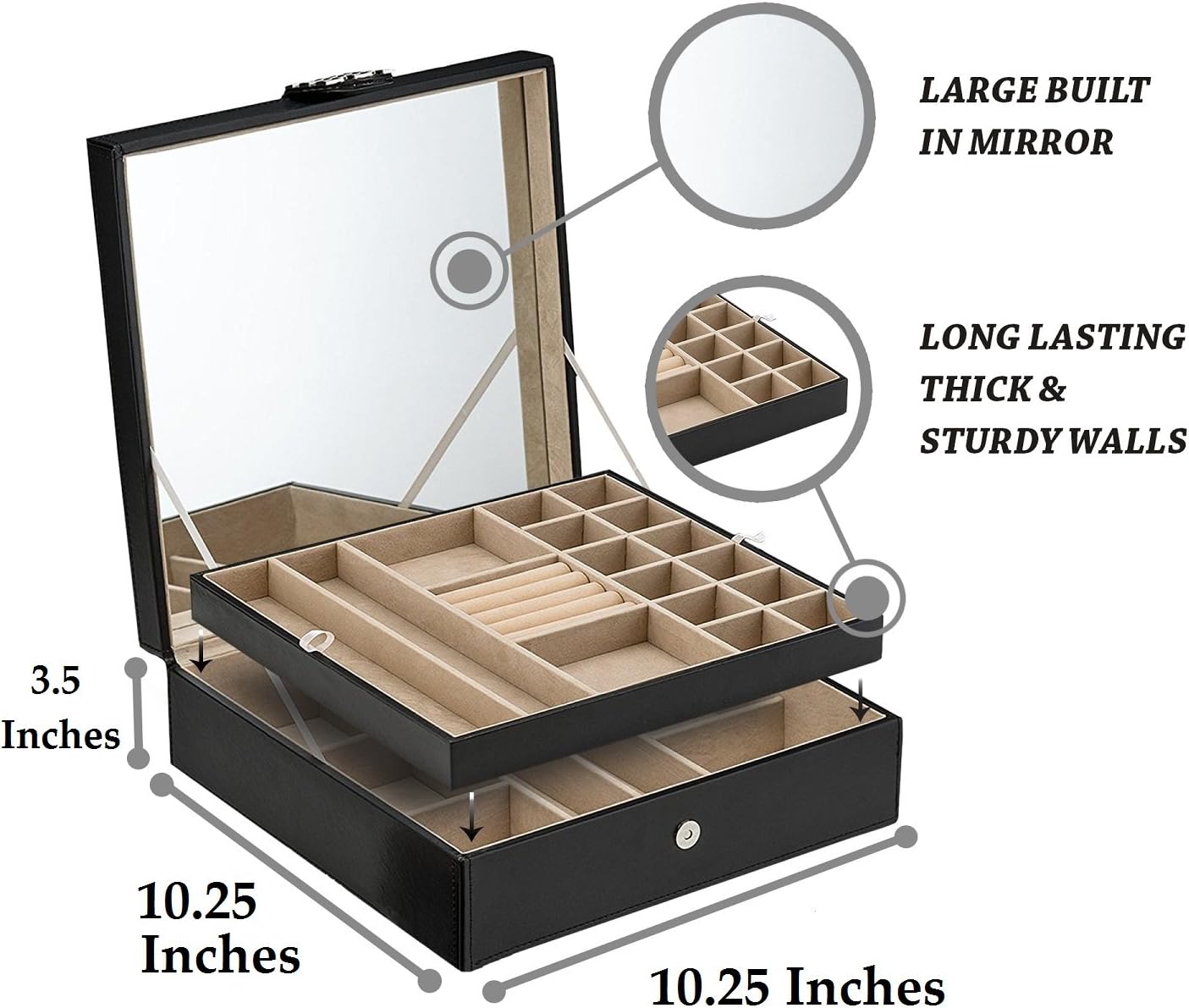 Glenor Co 28 Section Jewelry Box - 2 Layer - Buckle Snap & Magnet Closure - Large Mirror - Leather Design - Black - Jewelry Organizer for Women & Girls - Holder for Earring Ring Necklace & Bracelet: Home & Kitchen