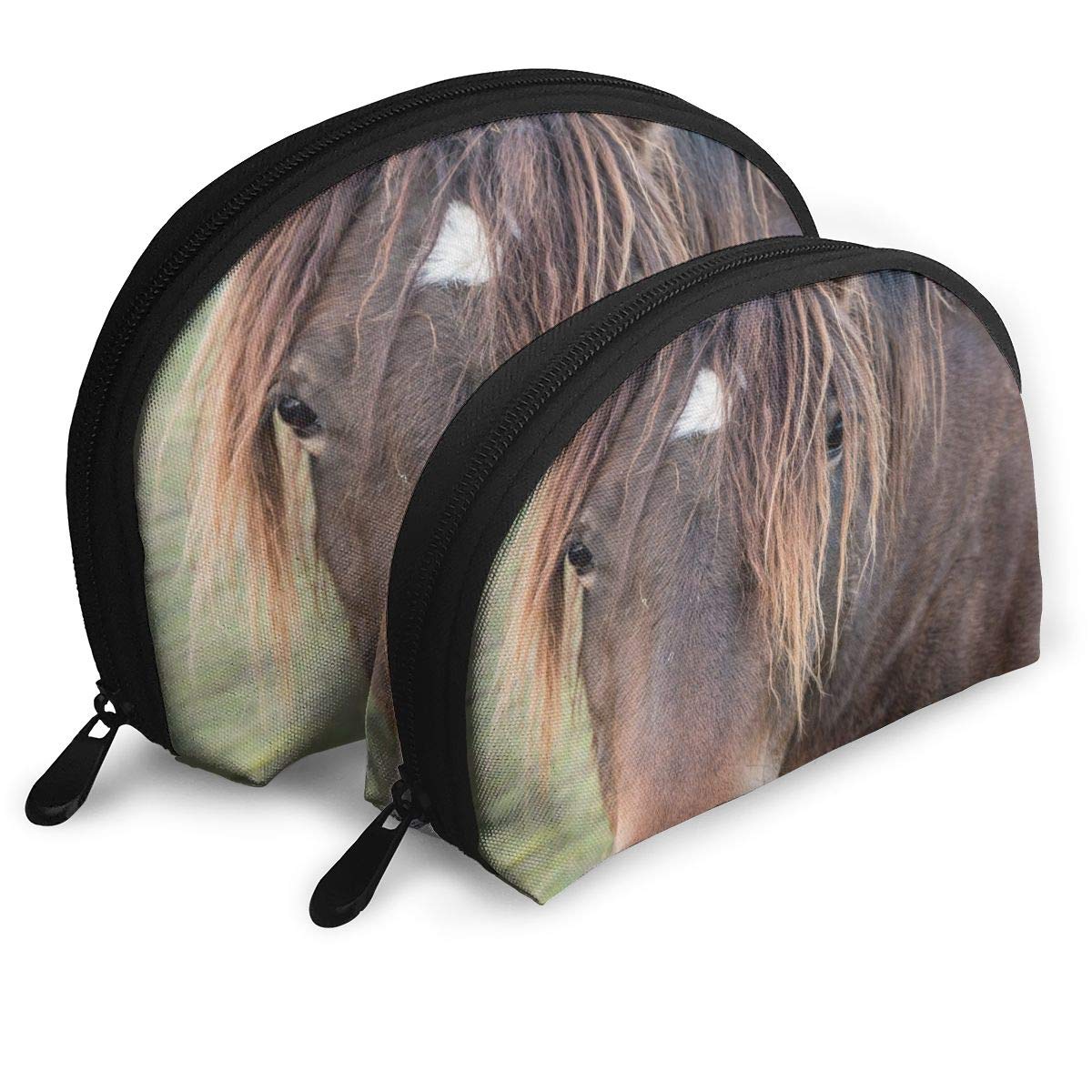 Portable Shell Clutch Pouch Brown Horse Headshot Beauty Makeup Case Cosmetic Organizer Set of 2 for Women