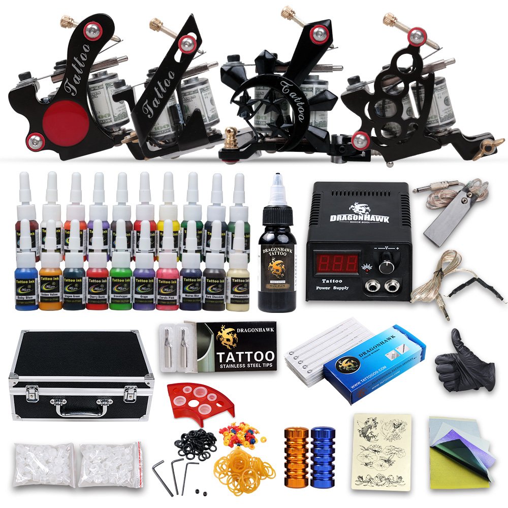 DragonHawk Complete Tattoo Kit 4 Tattoo Machines Guns Kit Tattoo power
