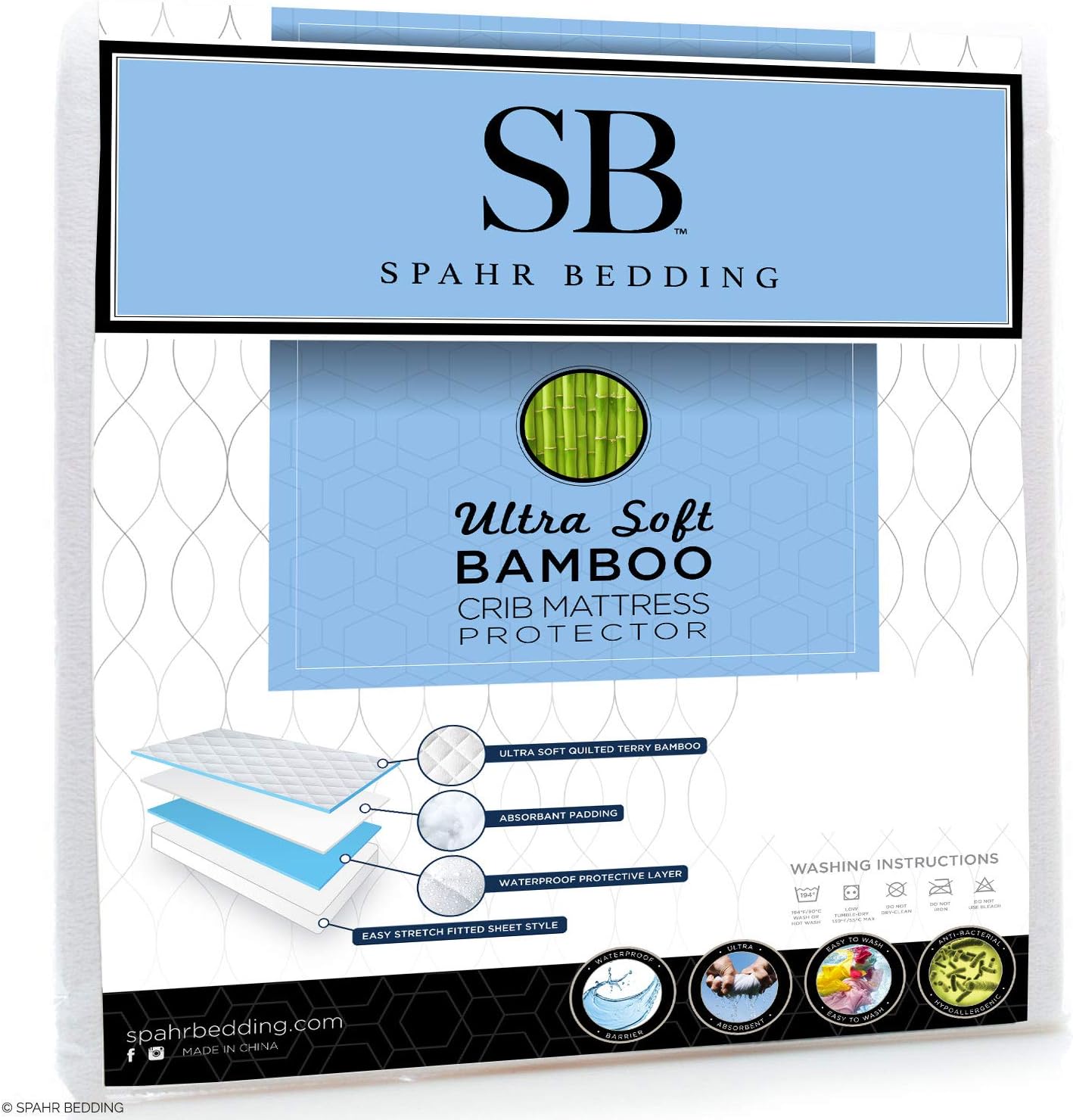 SB Spahr Bedding Waterproof Crib Mattress Cover - Hypoallergenic Baby Mattress Protector - Softest Bamboo Rayon Fiber Quilted Terry Fitted Sheet for Toddler Mattress- Protection from Dust Mites & Mold