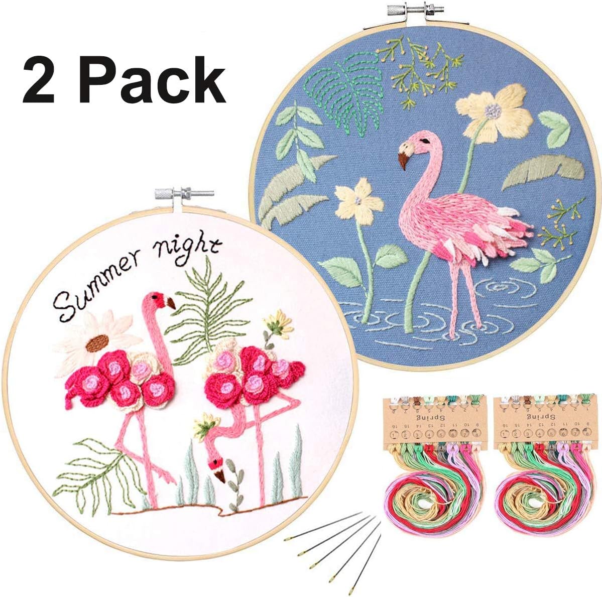Konrisa Embroidery Starter Kit Flamingo Pattern Full Range of Stamped Embroidery Kit for Beginners Floral Cross Stitch Kit with Embroidery Hoops, Cloth,Needle,Color Thread Tools Kit,Set of 2