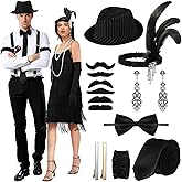 Croknit 18 Pcs Halloween 1920s Couple Flapper Costume Accessories Set for Men Woman Role Playing Roaring Costume for Cosplay
