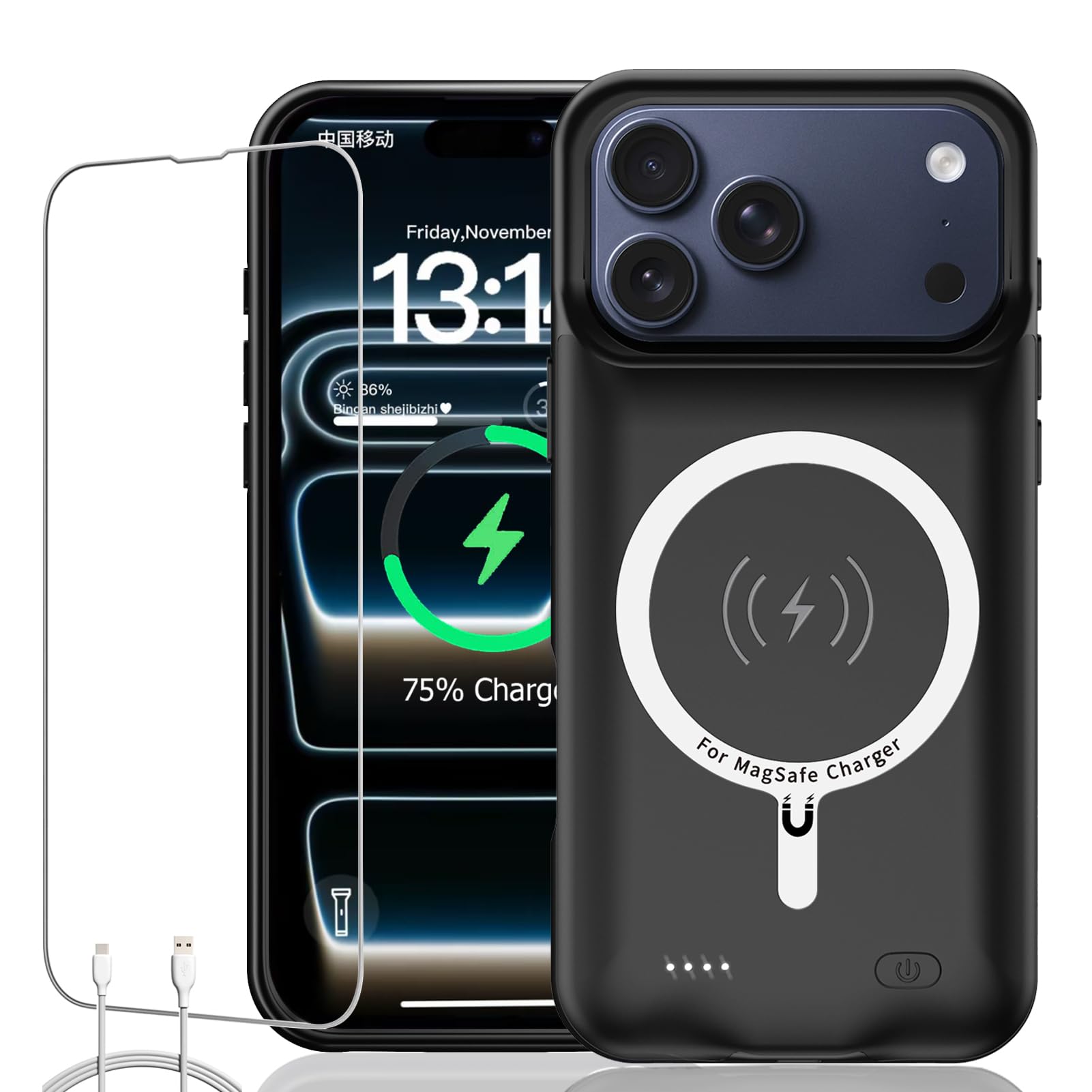 Funda de batería para iPhone 17 Pro Max, batería extendida portátil recargable mejorada de 12000 mAh compatible con funda de carga inalámbrica Qi compatible con iPhone 17 Pro Max (6,9 pulgadas) cubierta del cargador (negro)