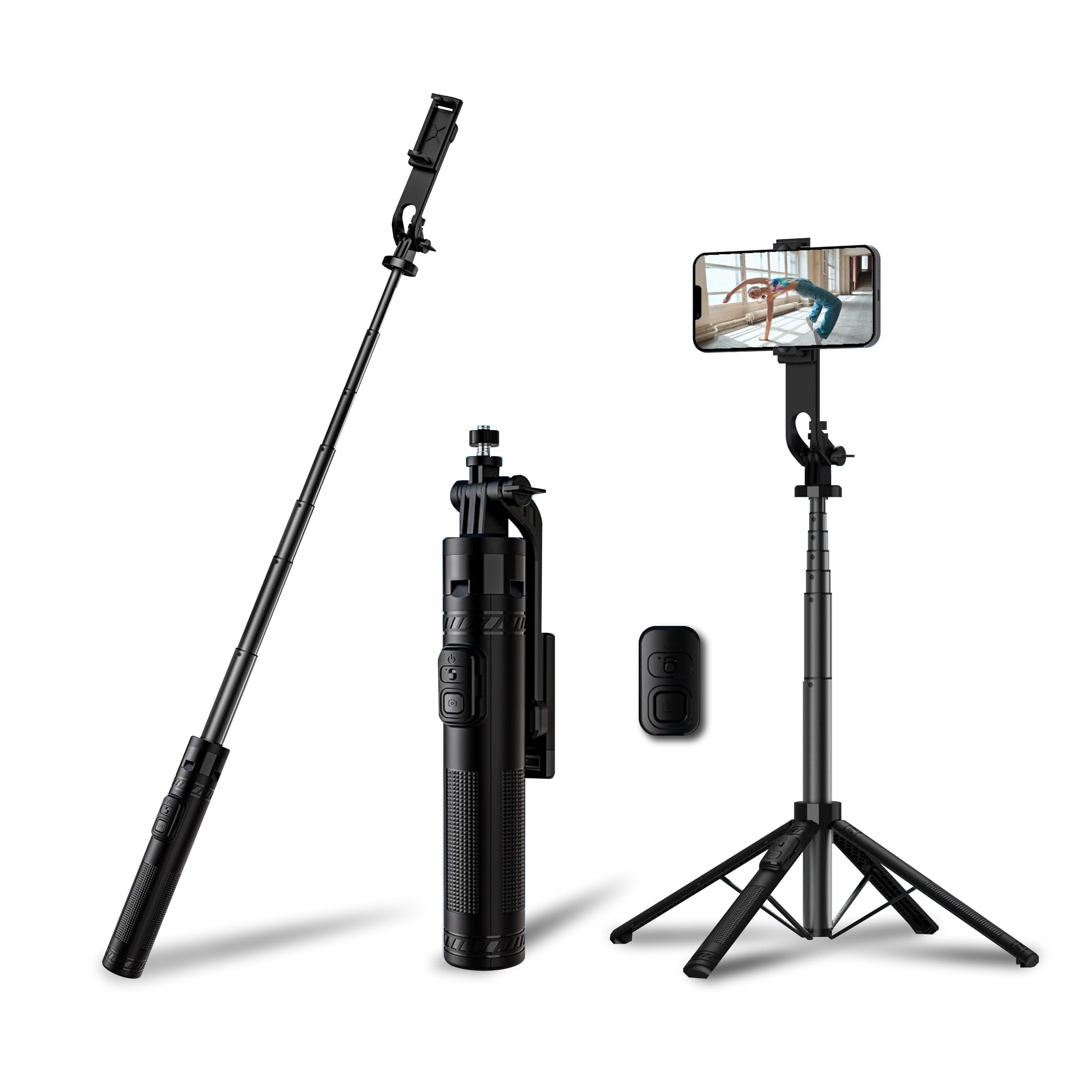 Selfie Stick Tripod Quadrapod - 51’’ Extendable Mobile Phone Tripod With Bluetooth Remote for Selfies Video Recording Vlogging Travel - 360° Rotation Selfie Stick for iPhone Android