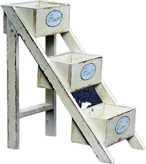 Amazon 花棚 フラワースタンド 木で作植木鉢 フラワースタンド庭の芝生の装飾ギフトのための防水ウッドガーデン ガーデンオーナメントテーブル はしご肉の植木鉢 手作りが古い 34 21 40 5cm フラワースタンド 園芸ラック