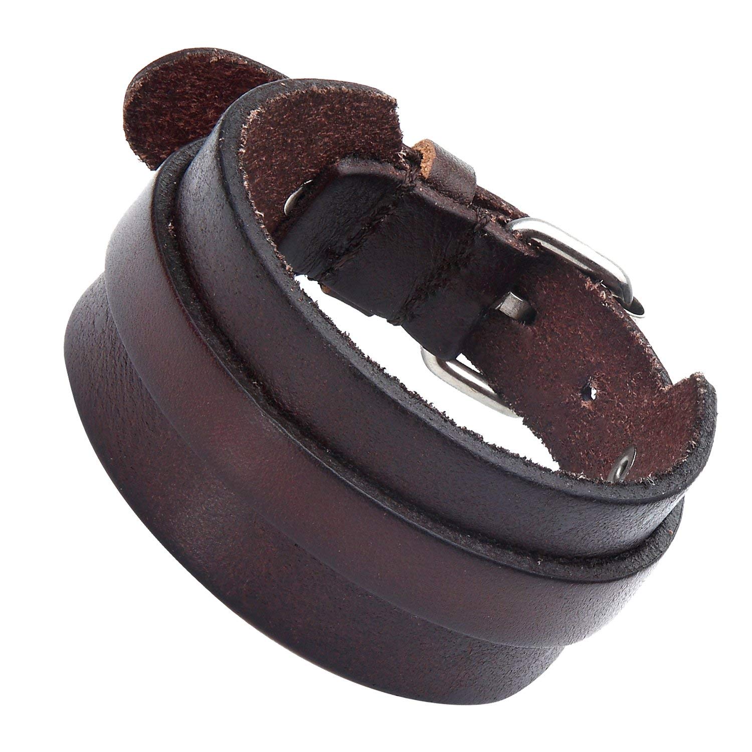 URBAN JEWELRY Stunning Adjustable Dark Brown Cuff Leather Bracelet for Men (Metal Buckle Clasp)