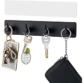 Yunzt Key Holder with 4 Hooks,Adhesive Key Hanger Organizer for Wall Mount | Metal Key Rack with 2 Self-Adhesive Tapes for Entryway, Door, Bathroom, Kitchen(Black)