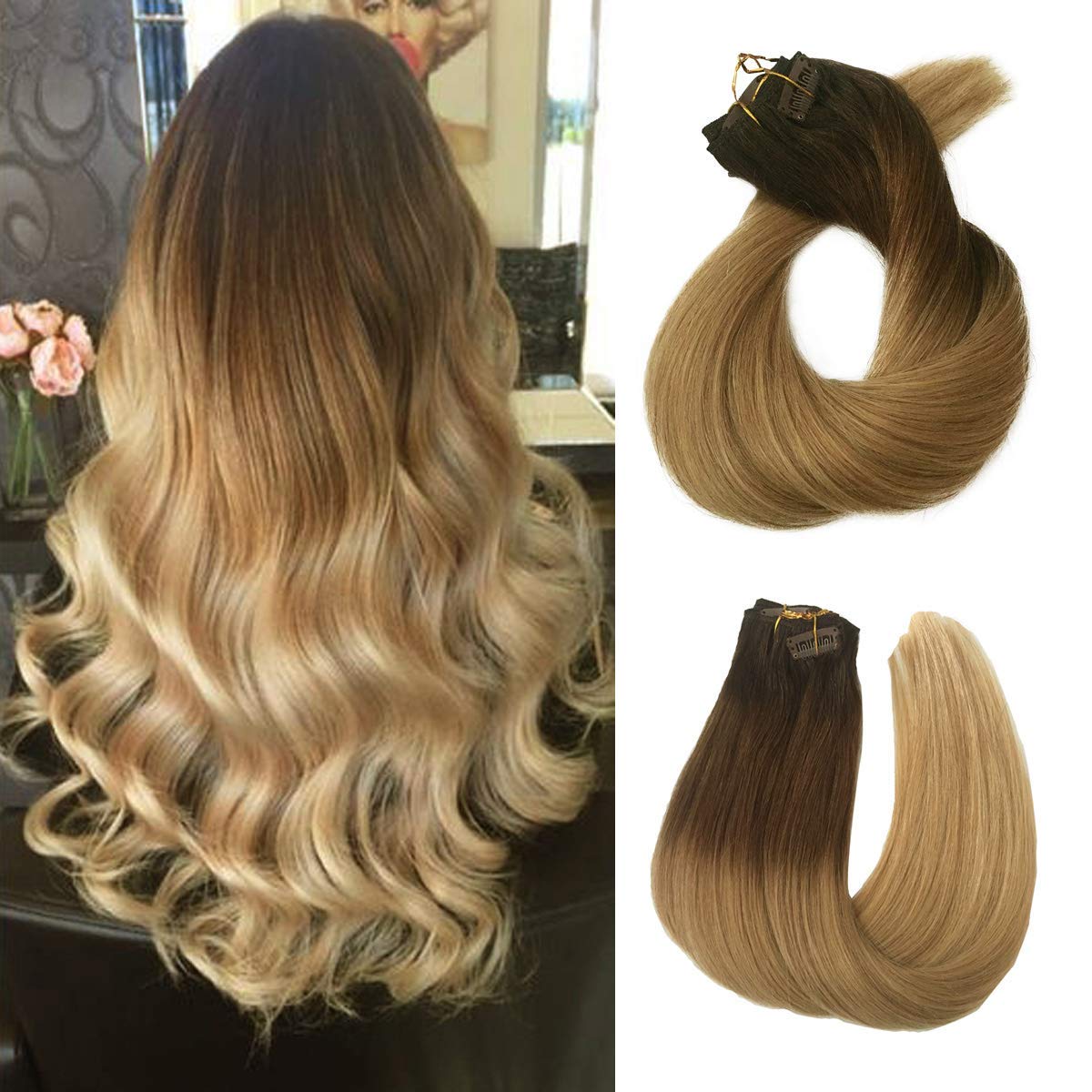 Human Hair Extensions Ombre Clip In For White Women 16 Inches Dark