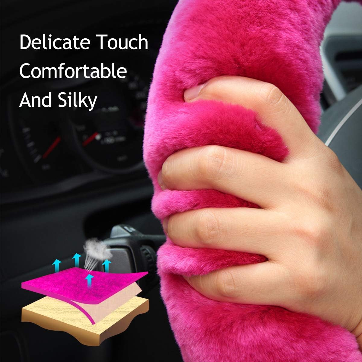 Ergocar Pure Wool Soft Car Steering Wheel Cover Universal Non-slip Elastic Winter Warm Car Steering Wheel Protector - Fluorescent Pink - Image 4