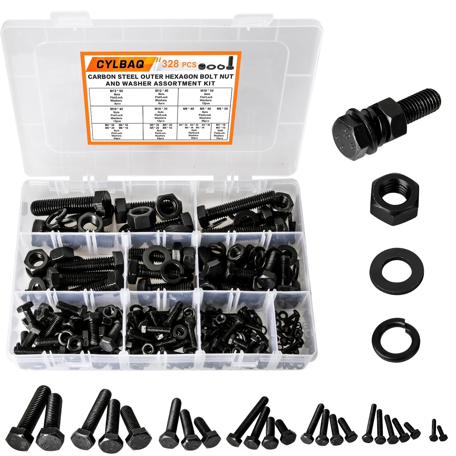 CYLBAQ 328PCS Hex Head Screws Bolts Nuts and Washers Set Kit, M3 M4 M5 M6 M8 M10 M12 Outer Hexagonal Screw Assortment Set, Carbon Steel Hex Bolt Assorted Metric Kit for DIY Industry Mechanical