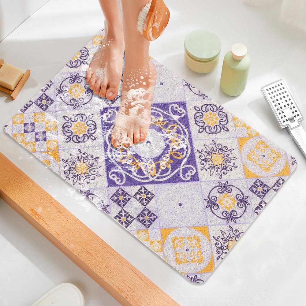 Shower Mat Non Slip 40x60cm, Soft Comfort Bath Mat with Drain Holes, PVC Loofah Massage Safety Non Slip Bath Mat for Shower in Wet Areas, Quick-dryin (Purple)