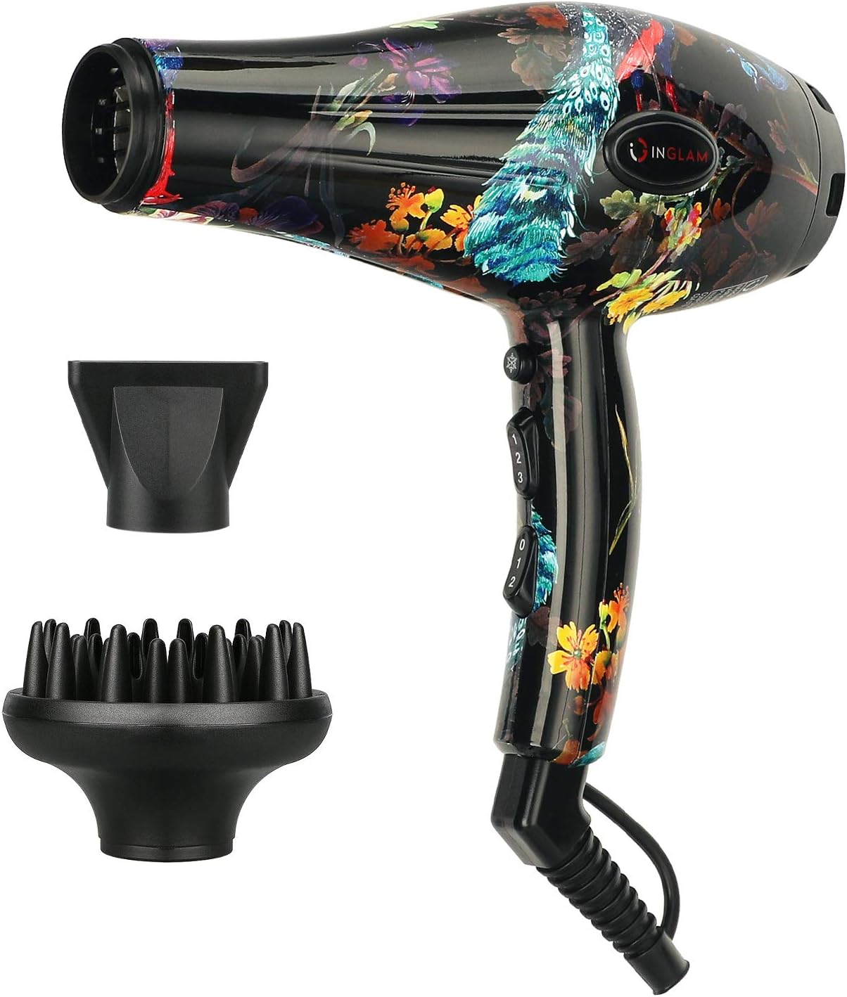 1875W Hair Dryer, Low Noise Ions Hair Dryer, Professional Salon Blow Dryer with Diffuser and Concentrator, 2 Speed 3 Heat Settings and Cool Button, Flower