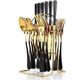 24 Pieces Flatware Set, Caliamary Stainless Steel Flatware Set with Silverware Holder Spoons Forks Knives,Utensils Set Service for 6,Gold Mirror Polished and Matte Pink Painted (Black)&hellip;