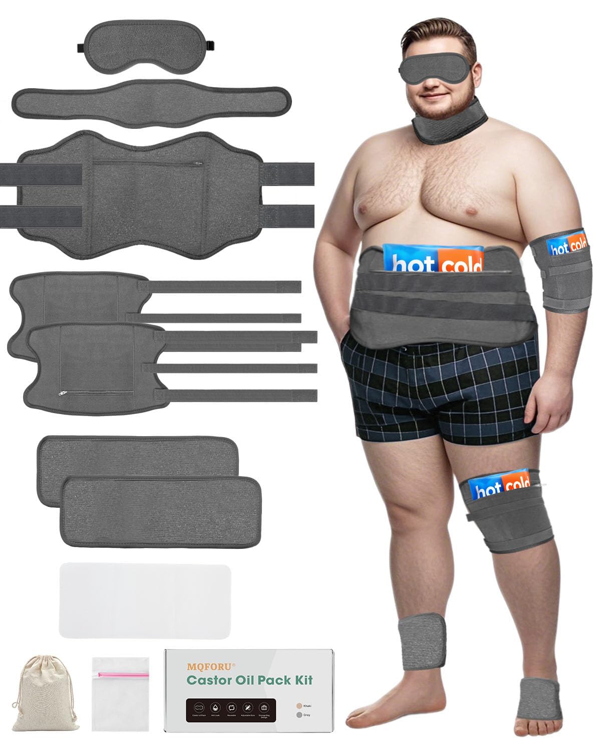 Photo 1 of 10 Pcs Castor Oil Pack Wrap for Men, Plus Size Castor Oil Packs for Men Women, XL Reusable Castor Oil Wraps Set for Eyes Neck Stomach Waist Knees Legs Feet, Flannel Cotton, Machine Washable?Mixed fibre fabrics (Dark Gray)