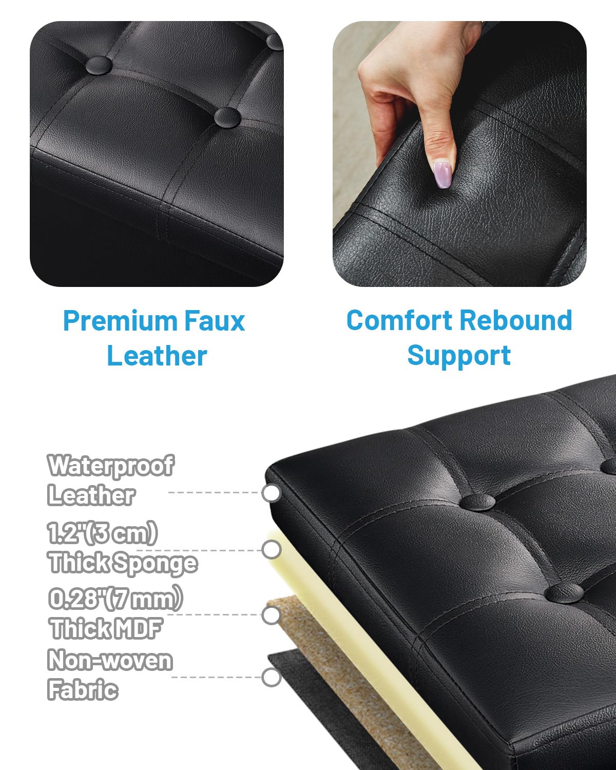 AmasSmile Storage Ottoman Folding Foot Rest Stool, Leather Footstool Bench, Short Ottoman Stool, Storage Foot Rest Store, Books (Black, 13" D x 17" W x 13" H) - Image 6