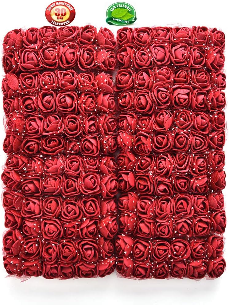 YYU DIY Artificial Flowers with Silk Rose Foam Bouquet Wedding Party Home Decoration Bouquet 144PCS 0.8Inches (Wine red)