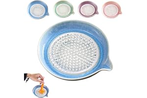 Ceramic Garlic Grater Plate, Spanish Grater Plate Set with Peeler, Brush & Stand for Garlic, Ginger & Chocolate (Blue)
