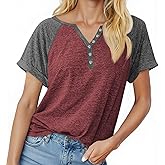 MaQiYa Womens V Neck Basic Tops Color Block Tunic T Shirts Summer Short Sleeve Casual Cotton Tees Shirts