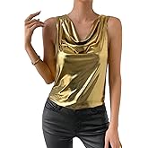 SweatyRocks Women's Casual Cowl Neck Sleeveless Metallic Pullover Solid Blouse Shirt Tank Top