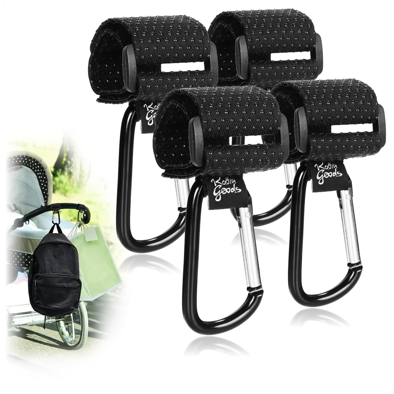 Robin Goods® 4x pram hooks with non-slip rubber knobs for diaper bags - pram bag holder - carabiner - pram carabiner - bag hook (4 pieces)