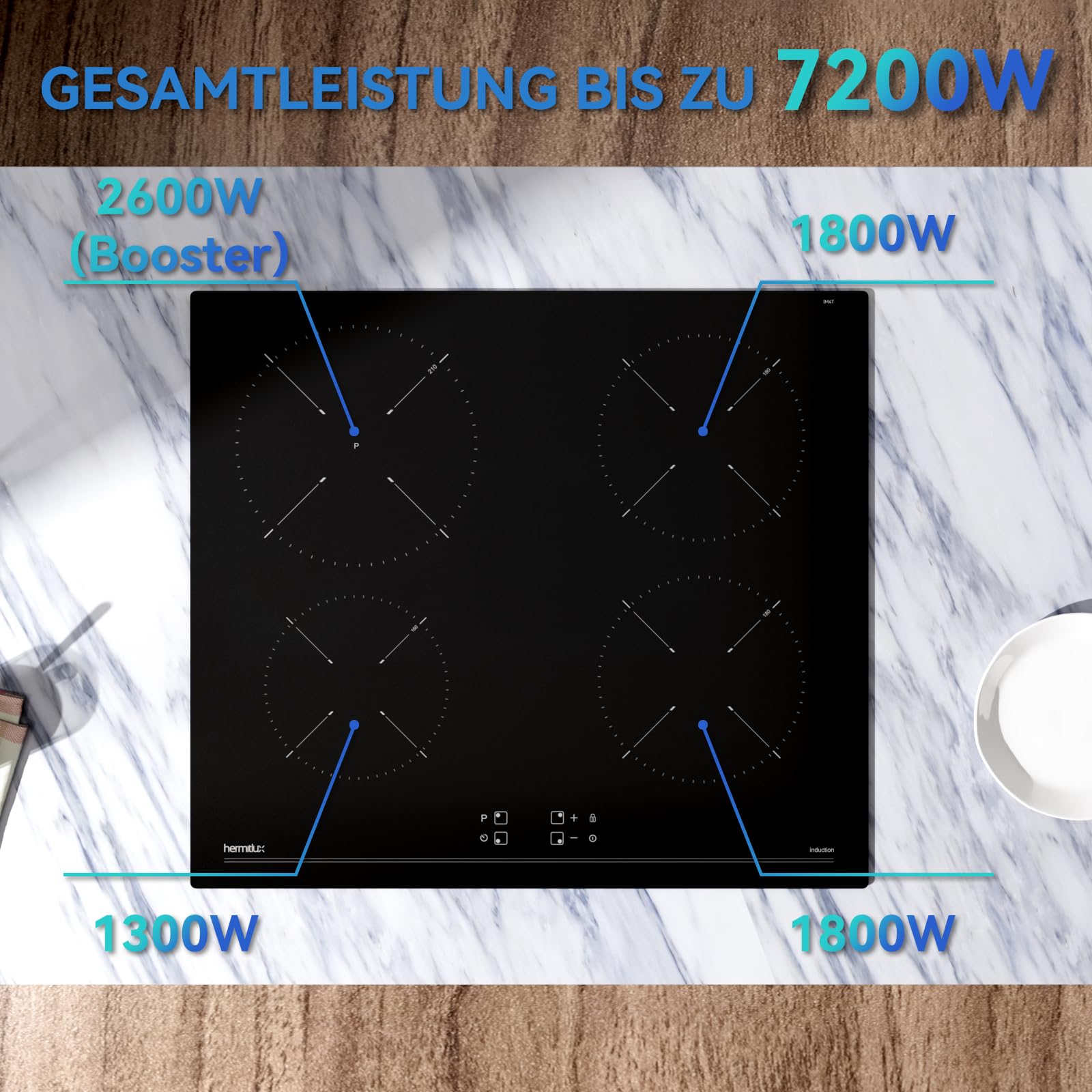 Hermitlux Induktionskochfeld 60cm, Einbau Kochfeld 4 Zonen mit Booster, 9 Leistungsstufen, Touch-Bedienung, Kindersicherung und Timer, 7200W 3