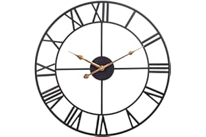 SKYNATURE 24 Inch Large Wall Clock, Silent Non Ticking Battery Operated Industrial Wall Clock with Roman Numerals, Vintage Metal Round Decorative Indoor Outdoor Clock for Living Room, Kitchen, Patio - Black