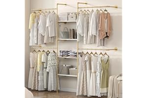 DABILONGC Industrial Pipe Clothing Rack, Heavy Duty Adjustable Garment Hanger with Shelves, 2 Installation Methods Closet Storage System for Wardrobe Organization (Gold)