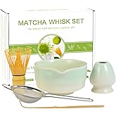 Matcha Whisk Set, Japanese Tea Set Includes Matcha Bowl with Spout, Bamboo Whisk, Ceramic Chasen Holder, Scoop, Sifter, 5 pcs Traditional Tea Making Kit for Matcha Lovers Christmas Gifts for Women Men