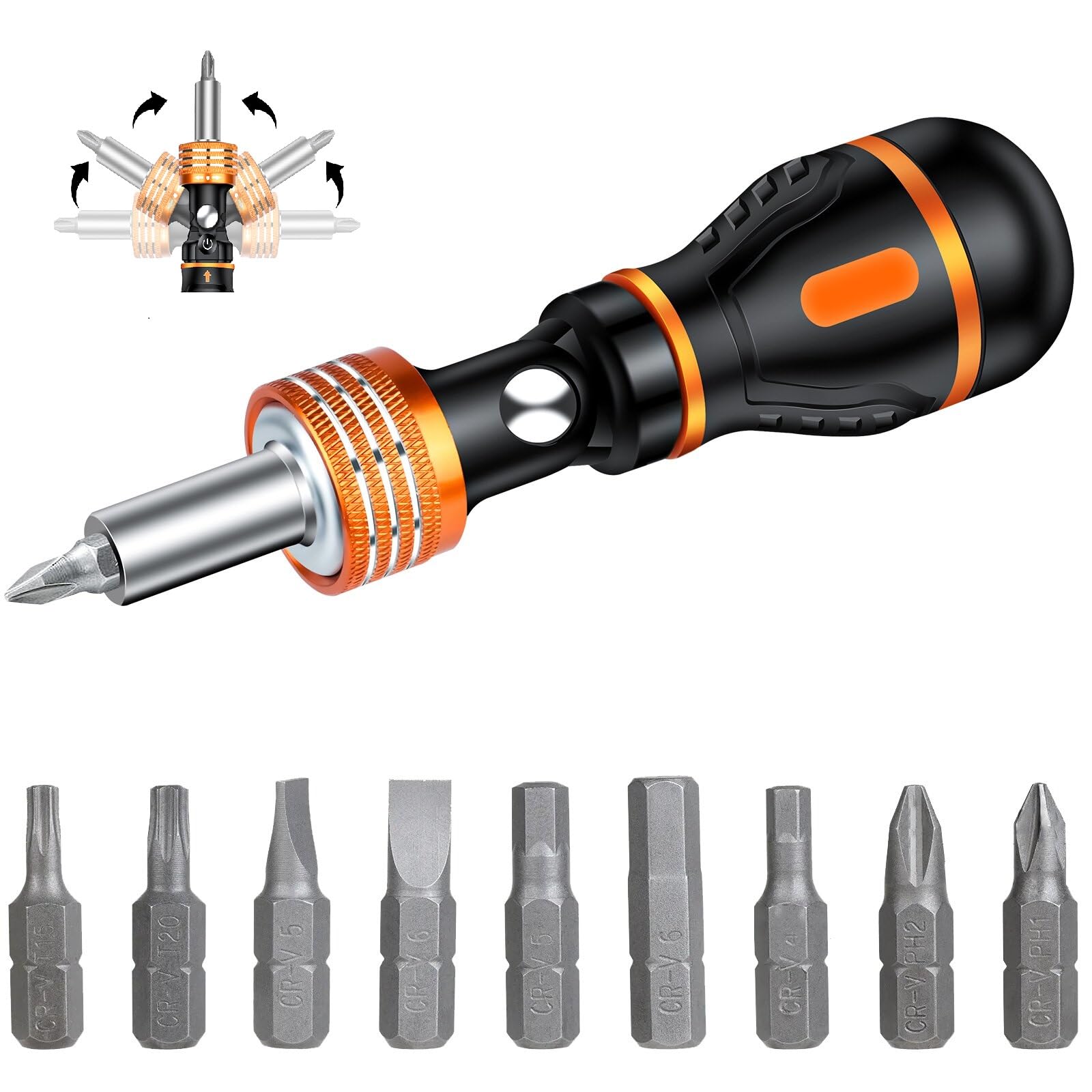 flintronic Magnetic Ratchet Screwdriver, 9 in 1 Multipurpose Reversible Forward Reverse Adjustable Rotation Screwdriver with Bits for DIY, Home, Repairman (F4-3490905)