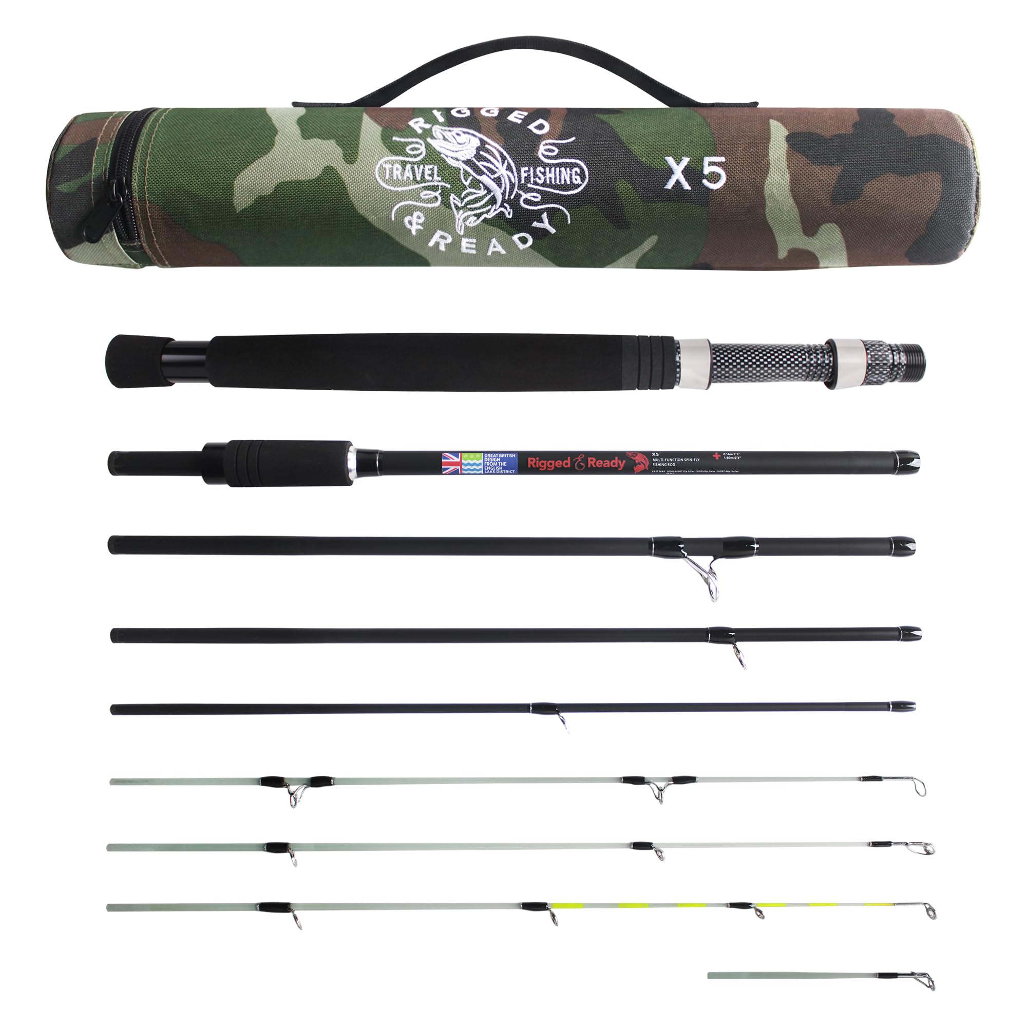 RIGGED AND READY X5 Travel Fishing Rod. Super Compact, Carry size 40cm (15.8’), multi-functional travel rod + 4 tips + case. 1 rod with 5 fishing options. 2.22m (7’ 3”) + 1.9m (6'3") lengths. — image 1