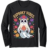 Espooky Vibes Día de Los Muertos Ghost Floral Sugar Skull Long Sleeve T-Shirt
