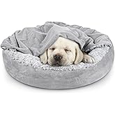 JOEJOY Small Dog Bed Cat Bed with Hooded Blanket, Cozy Cuddler Luxury Puppy Pet Bed, Donut Round Calming Anti-Anxiety Dog Burrow Cave Bed - Anti-Slip Bottom and Machine Washable 23 inch