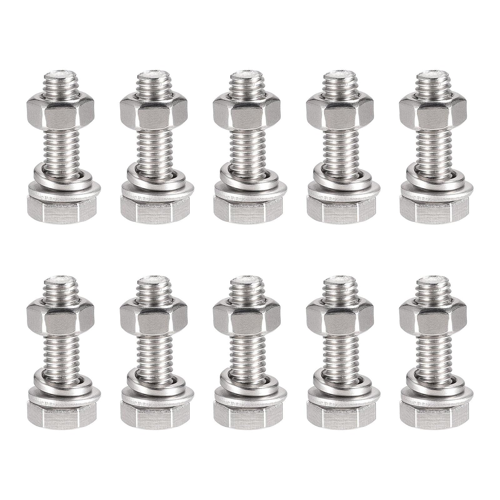 TOP-VIGOR 10Pcs M6 x 25mm Hex Head Screws Bolts, Nuts, Flat & Lock Washers Kits, 304 Stainless Steel Fully Thread Hexagon Bolts for DIY Bike Motorcycles Repair