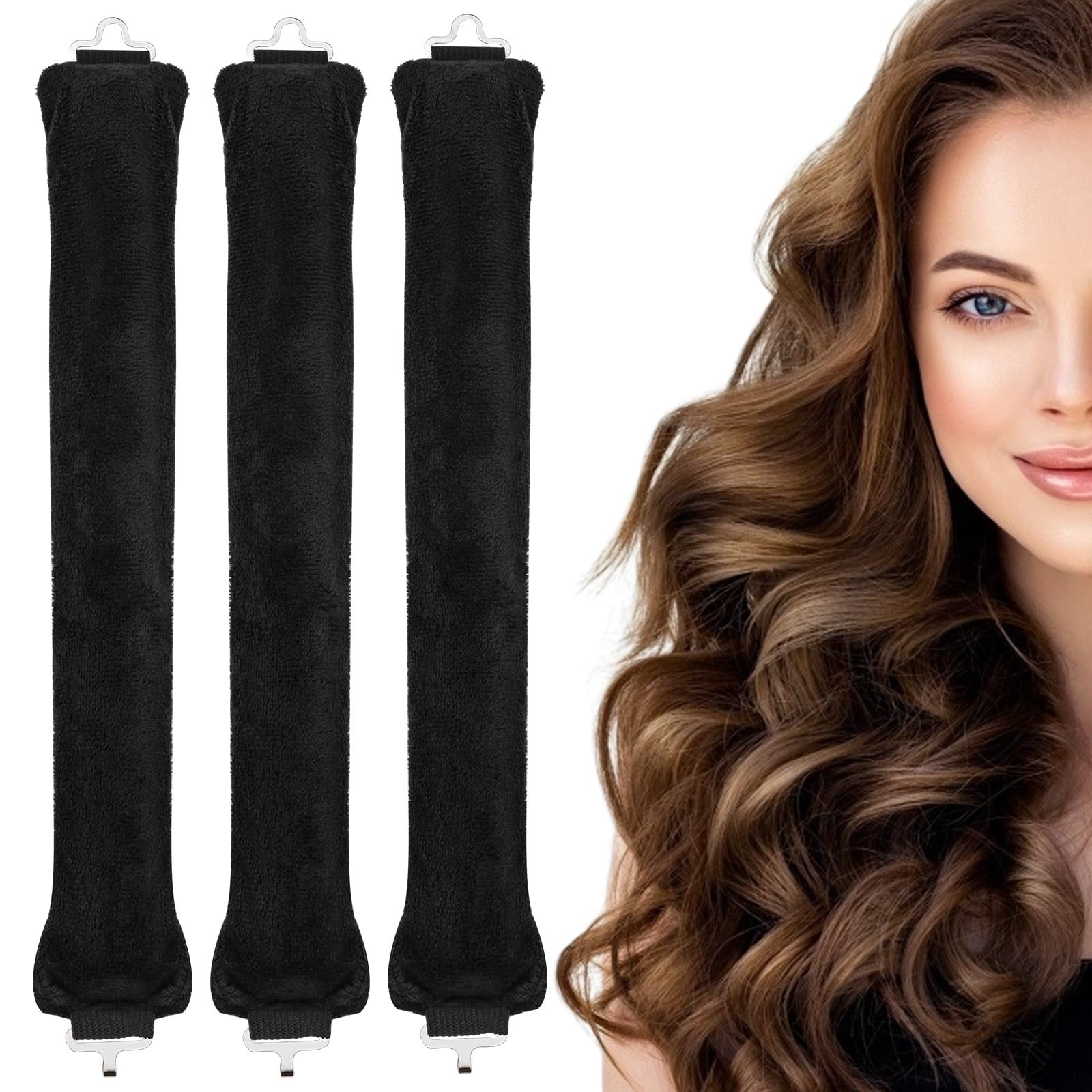 3 Pcs Heatless Curlers, Heatless Curls Hair Rollers for Long Hair, No Heat Overnight Curlers Blowout Rods Soft Satin Sleeping Lazy Curler (Black)