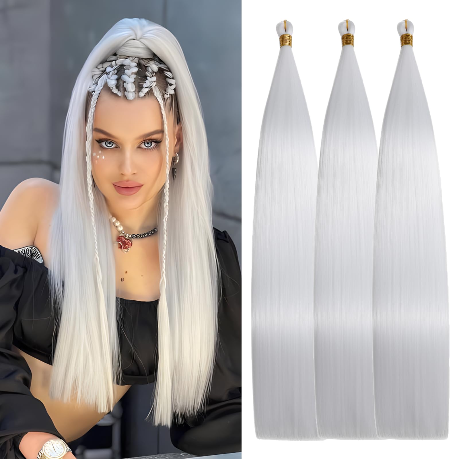 Locescsoc 24 Inch Straight Hair Extensions 150g 3 Packs Bone Straight Braiding Hair, White Ariel Straight Ponytail Hair Bundles, Ombre Soft Synthetic Crochet Box Braids for Women