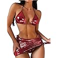 ZGMYC Women's 3 Piece Shiny Metallic Swimsuit Sexy Triangle Bikini Tie Side Thong Festival Outfit with Drawstring Mini Skirt