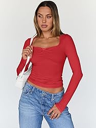Trendy Queen Womens Long Sleeve Red Tops Crop Cute