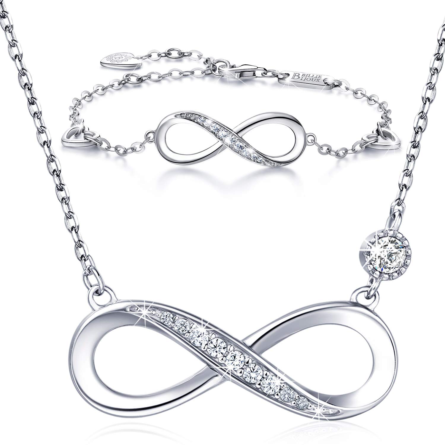 Billie Bijoux Silver Necklace for Women 925 Sterling Silver Infinity Heart Pendant White Gold Plated Diamond Women Adjustable Necklace Bracelet Set