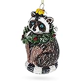 Cheerful Racoon with Wreath Blown Glass Christmas Ornament