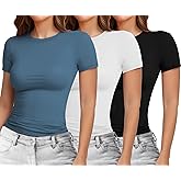YOGINGO 3 Pack Womens Basic Short Sleeve Crew Neck T Shirt Slim Fit Tee Summer Y2k Going Out Crop Tops Tight Shirts