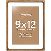 Homeforia 9 x 12 Picture Frame Light Wood, Mortise & Tenon Natural Oak 9x12 Frame with Mat 7x10 for Wall or Tabletop, Wooden Frames 9 x 12 Matted to 7 x 10 inch Art, Tempered Glass, Wall Kit, Set of 1