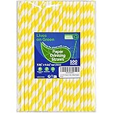 Lives on Green Eco-friendly Yellow White Striped Disposable Paper Drinking Straws 7.75'' x 0.24'' 100 Counts - for Cocktail, Party, Juice, Water, Milk