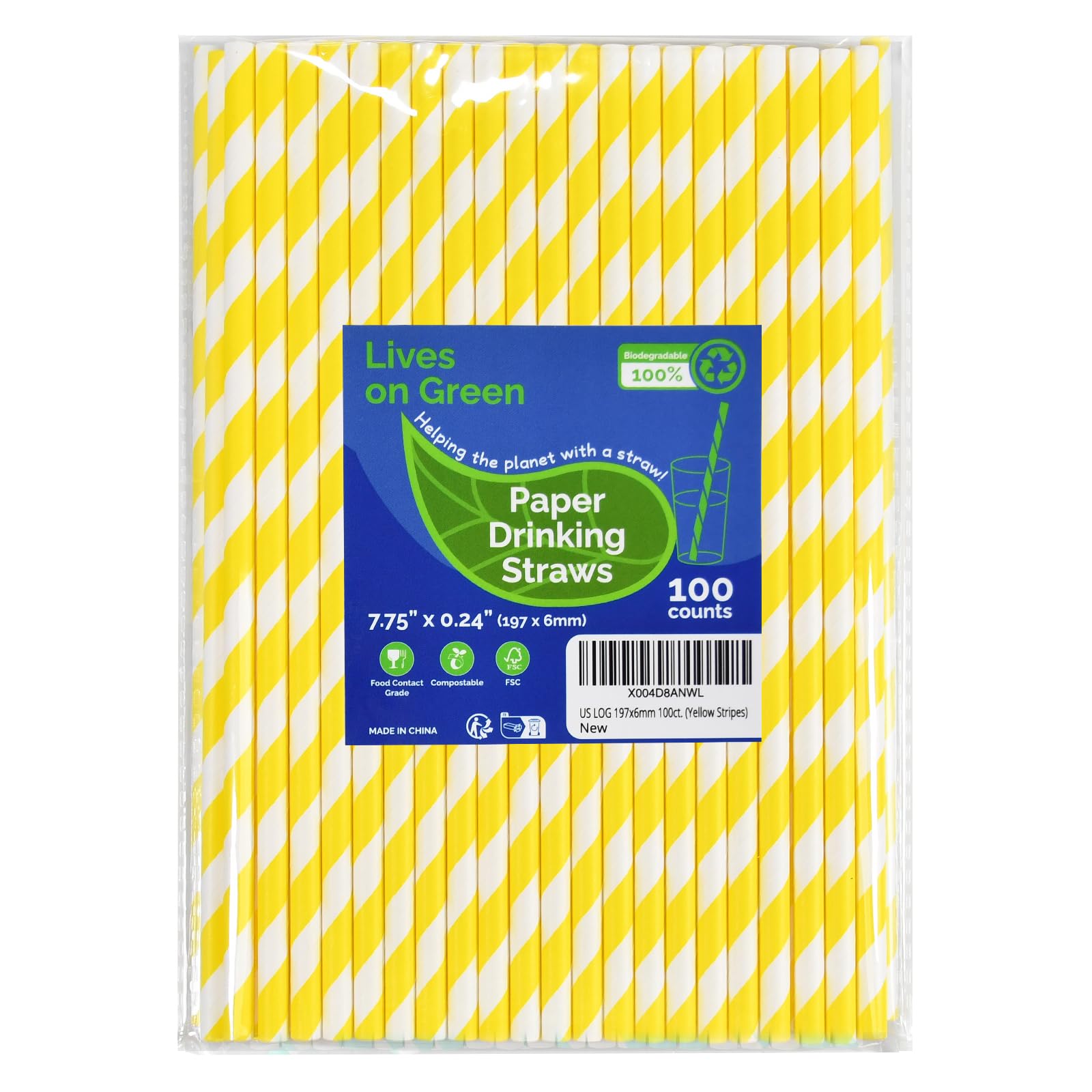 Lives on Green Eco-friendly Yellow/White Striped Disposable Paper Drinking Straws 19.7 x 0.6 cm Pack of 100 - for Cocktail, Party, Juice, Water, Milk