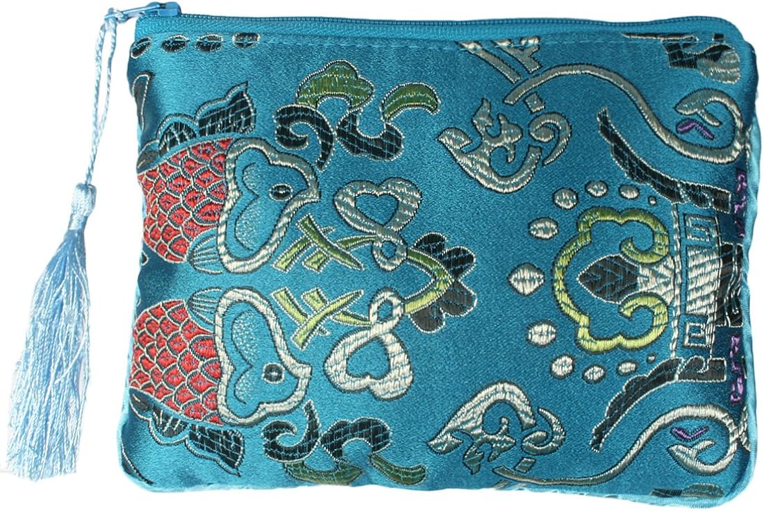 kilofly Chinese Silk Brocade Padded Tassel Zipper Jewelry Pouch Bag, Set of 2, Set2 B, 6 inch - Image 5