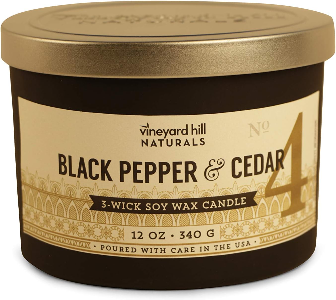 Vineyard Hill Naturals Matte Letterpress 3-Wick Scented Candle, 12-Ounce, Black Pepper & Cedar