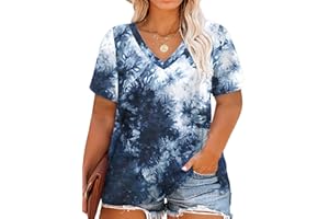 ROSRISS Womens Plus Size Short Sleeve T Shirt V Neck High Low Tops Blouse Tunics with Side Split