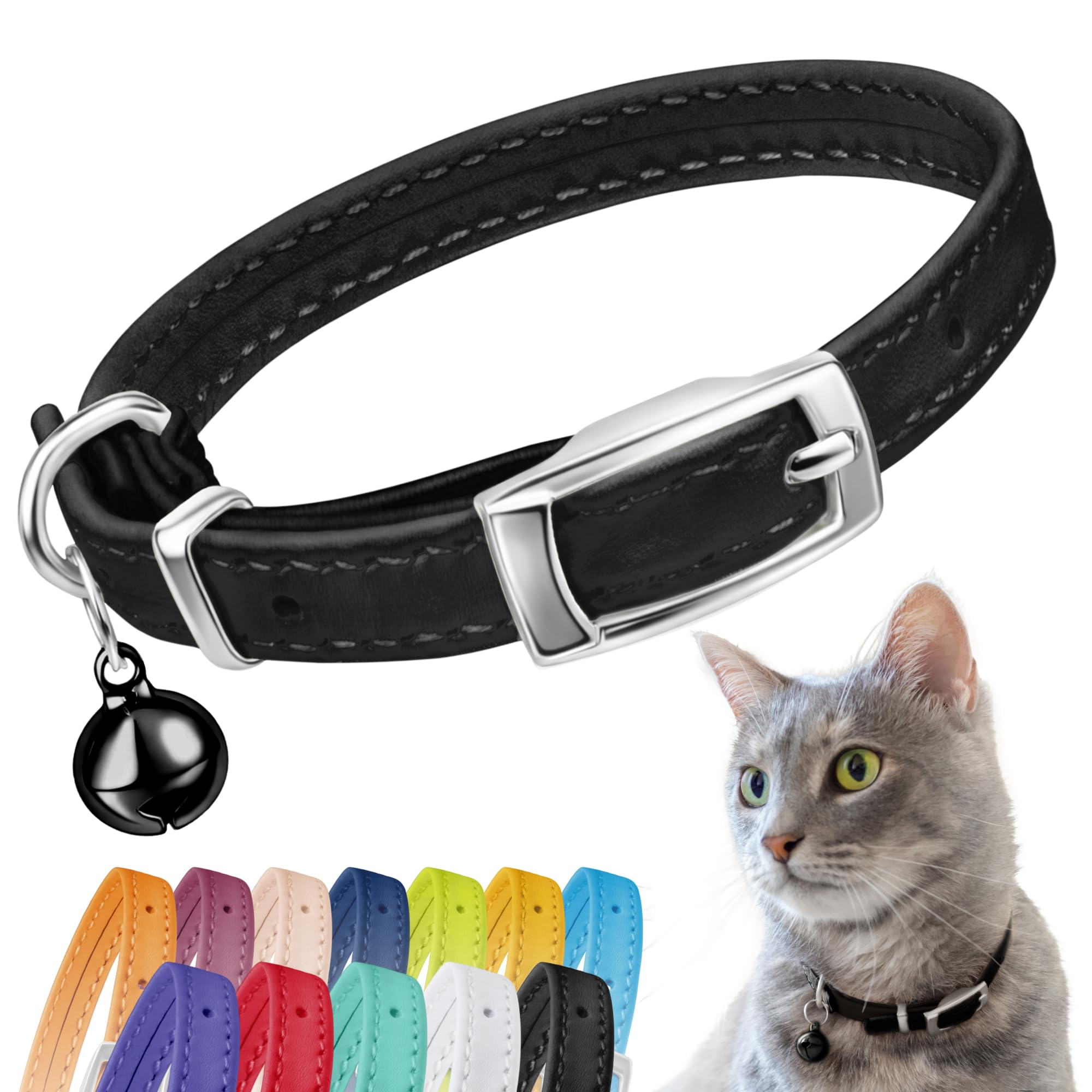 CollarDirect Leather Cat Collar, Cat Safety Collar with Elastic Strap, Kitten Collar for Cat with Bell Black Blue Red Orange Lime Green (Neck Fit 6"-7", Black) — image 1